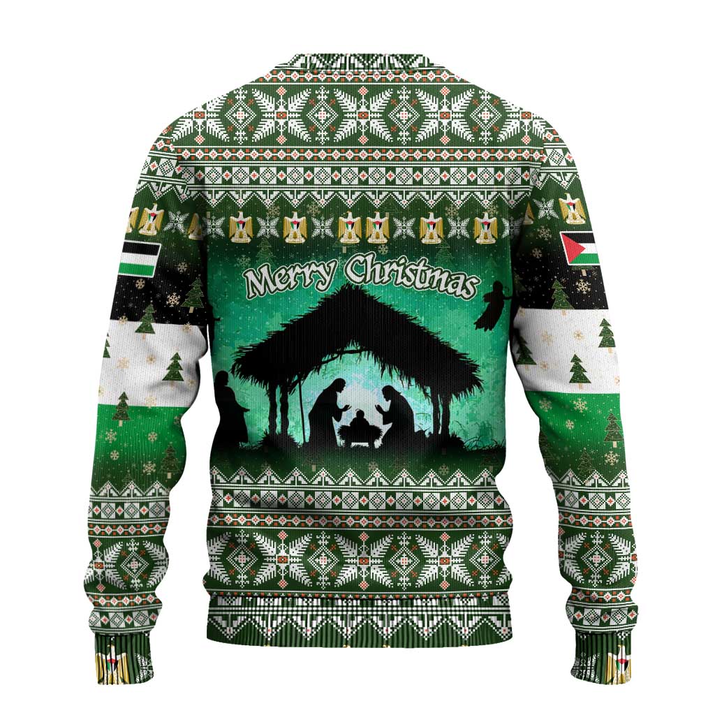 Palestine Christmas Ugly Christmas Sweater with Green-White Theme, Tree Ornaments, and Nativity Scene Motif - Wonder Print Shop