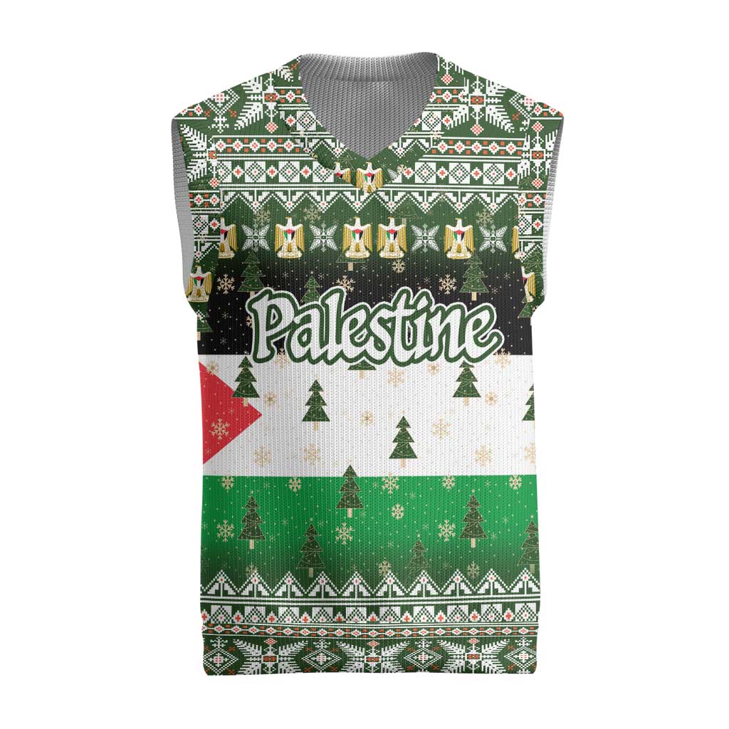 Palestine Christmas Knitted V-Neck Vest with Green-White Theme, Tree Ornaments, and Nativity Scene Motif - Wonder Print Shop