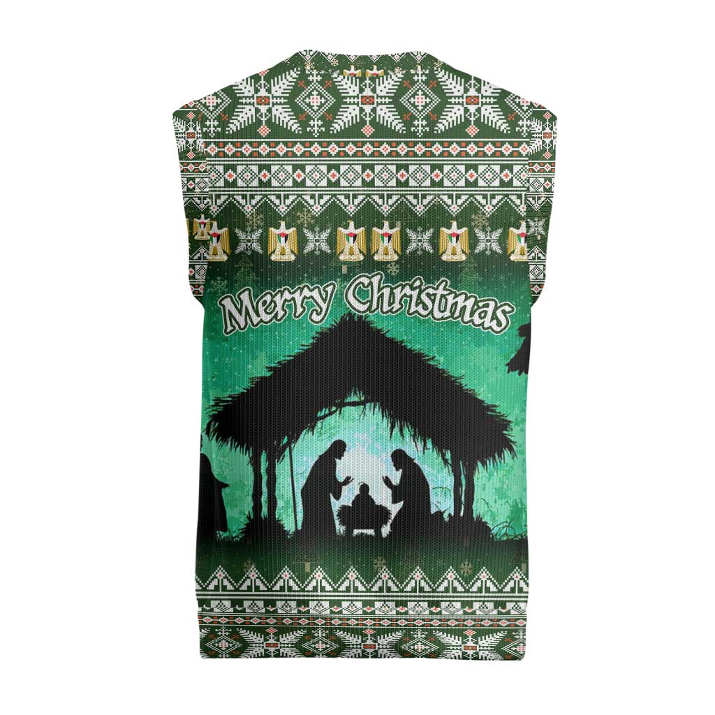Palestine Christmas Knitted V-Neck Vest with Green-White Theme, Tree Ornaments, and Nativity Scene Motif - Wonder Print Shop