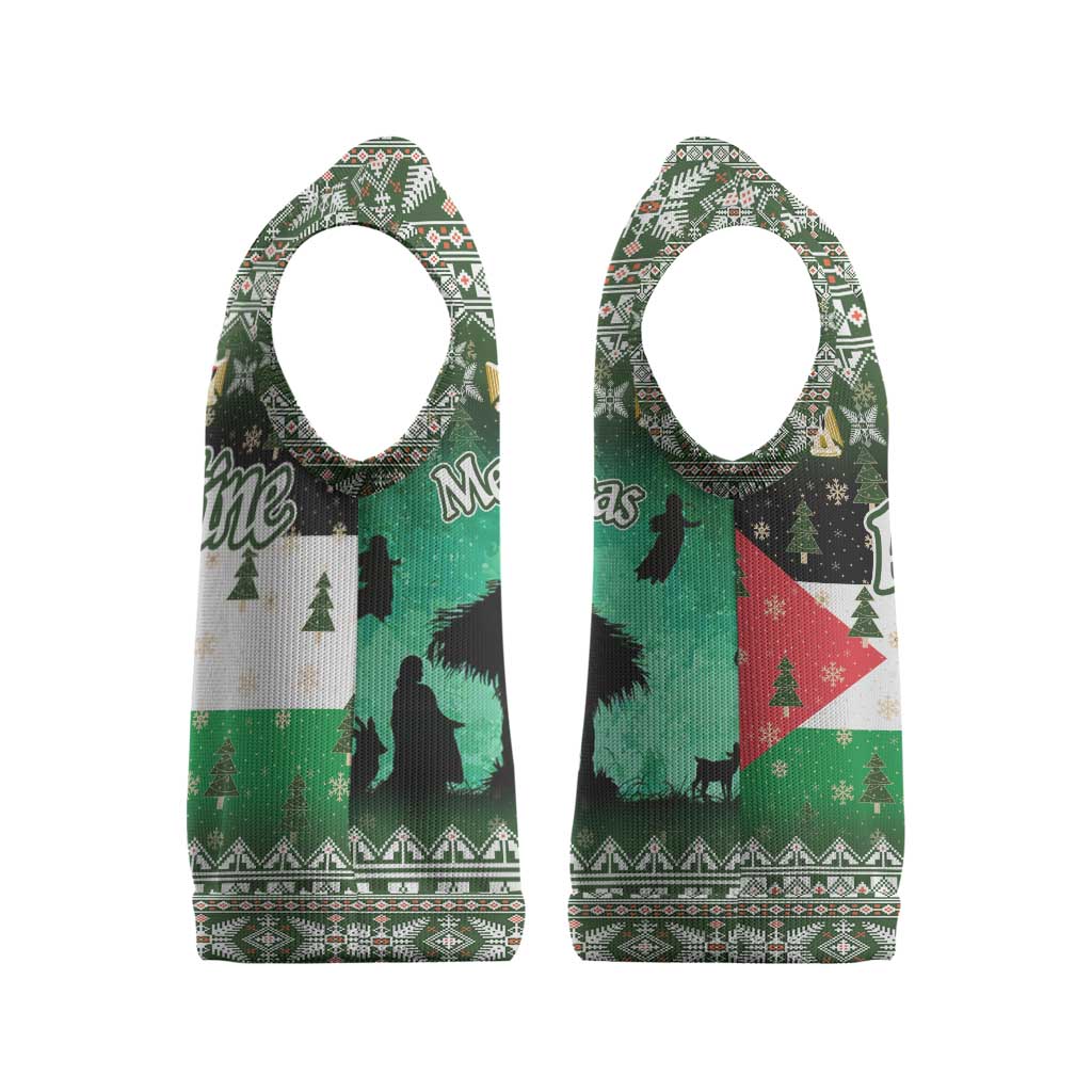 Palestine Christmas Knitted V-Neck Vest with Green-White Theme, Tree Ornaments, and Nativity Scene Motif - Wonder Print Shop