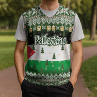 Palestine Christmas Knitted V-Neck Vest with Green-White Theme, Tree Ornaments, and Nativity Scene Motif - Wonder Print Shop