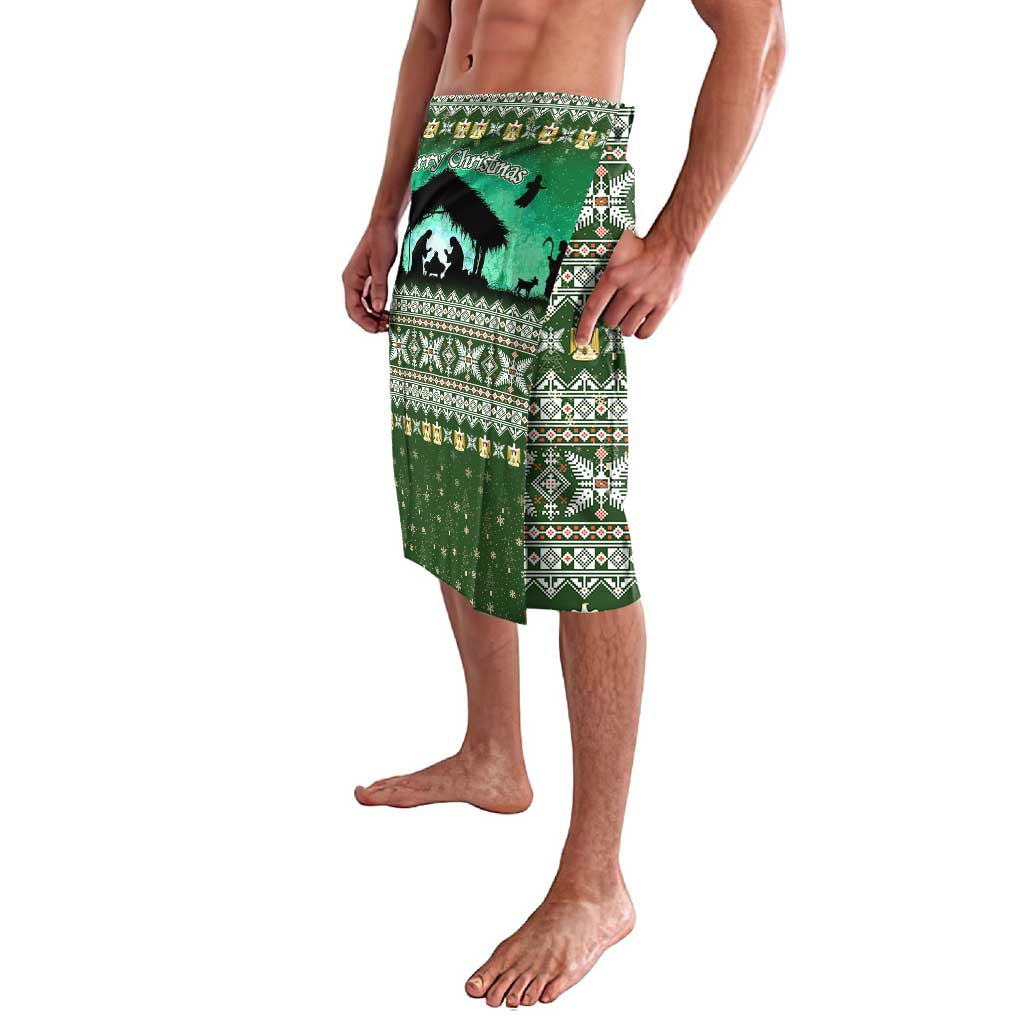 Palestine Christmas Lavalava with Green-White Theme, Tree Ornaments, and Nativity Scene Motif - Wonder Print Shop