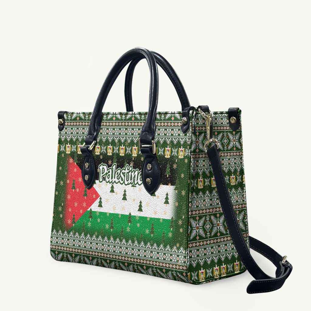 Palestine Christmas Leather Bag with Green-White Theme, Tree Ornaments, and Nativity Scene Motif - Wonder Print Shop
