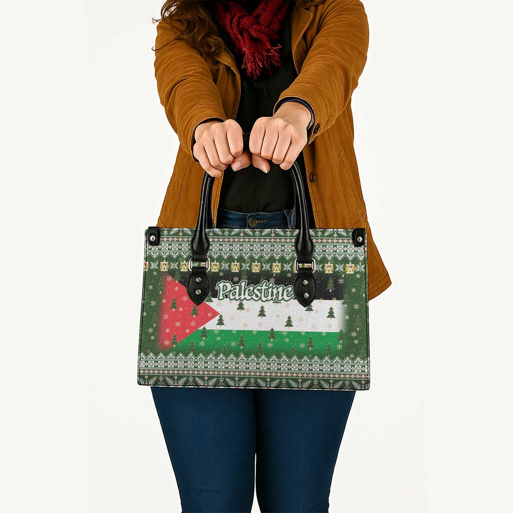 Palestine Christmas Leather Bag with Green-White Theme, Tree Ornaments, and Nativity Scene Motif - Wonder Print Shop