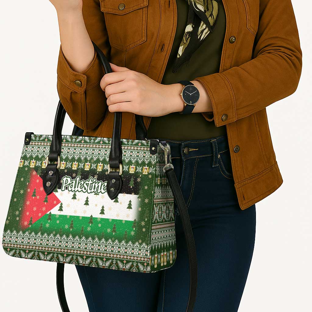 Palestine Christmas Leather Bag with Green-White Theme, Tree Ornaments, and Nativity Scene Motif - Wonder Print Shop