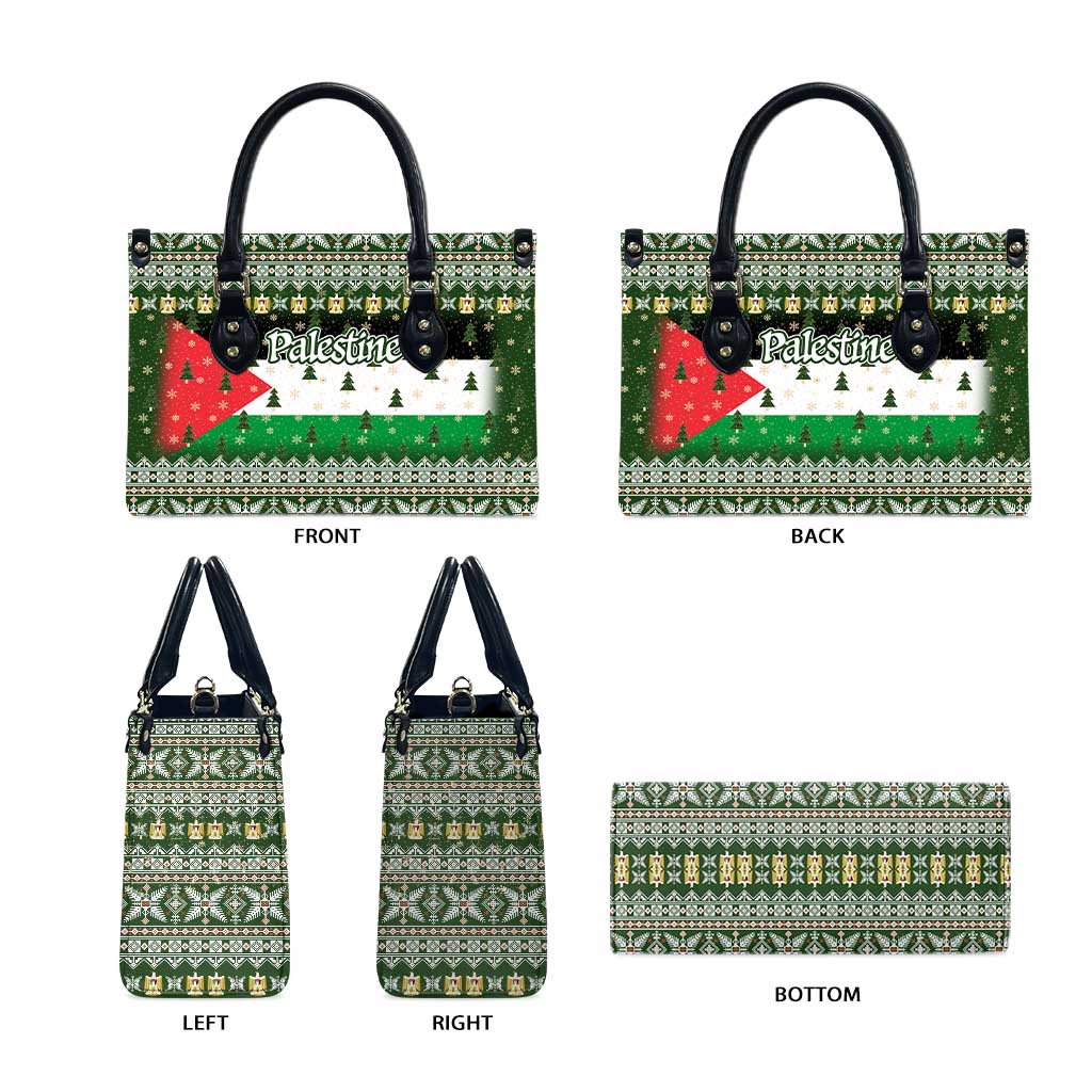 Palestine Christmas Leather Bag with Green-White Theme, Tree Ornaments, and Nativity Scene Motif - Wonder Print Shop