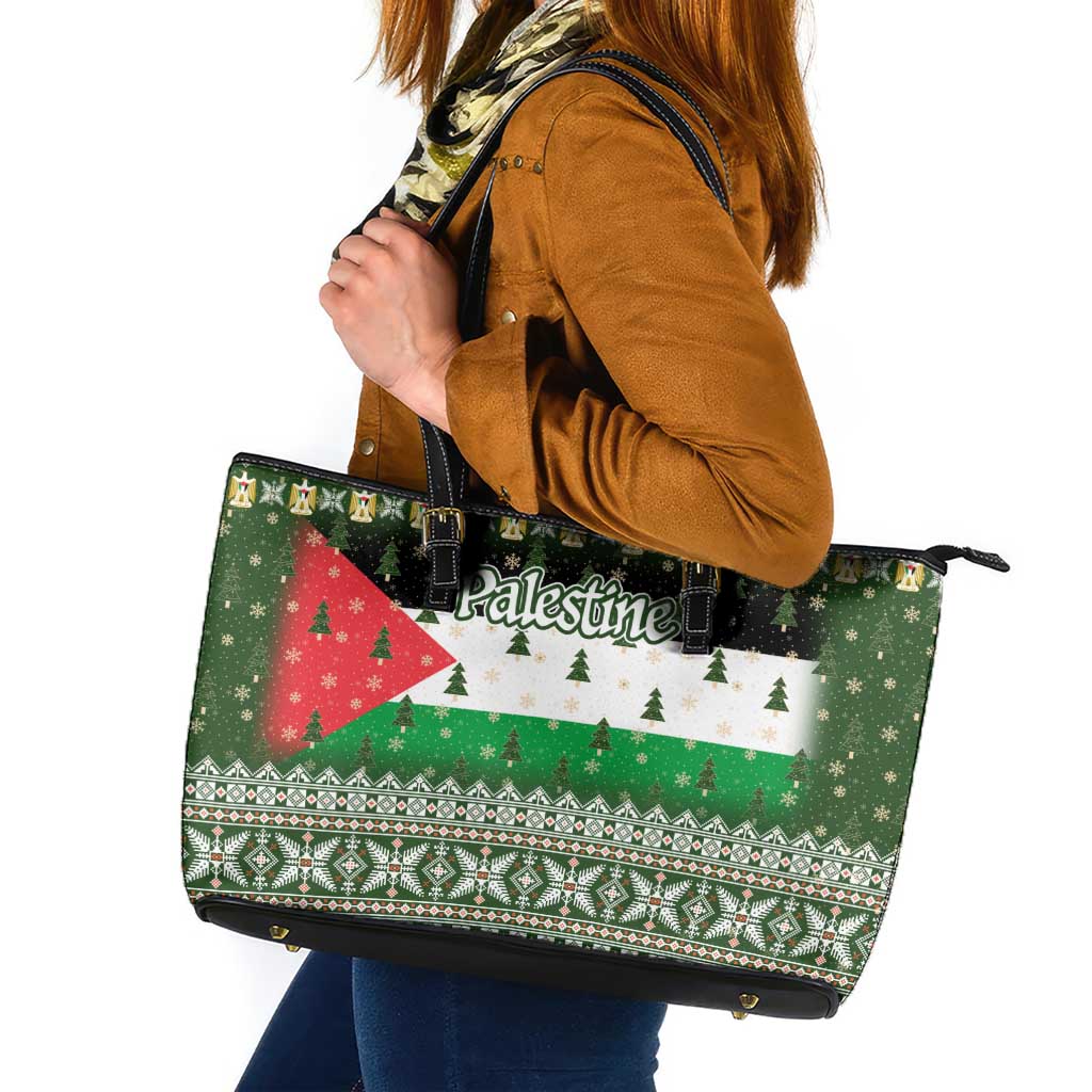 Palestine Christmas Leather Tote Bag with Green-White Theme, Tree Ornaments, and Nativity Scene Motif - Wonder Print Shop