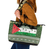 Palestine Christmas Leather Tote Bag with Green-White Theme, Tree Ornaments, and Nativity Scene Motif - Wonder Print Shop