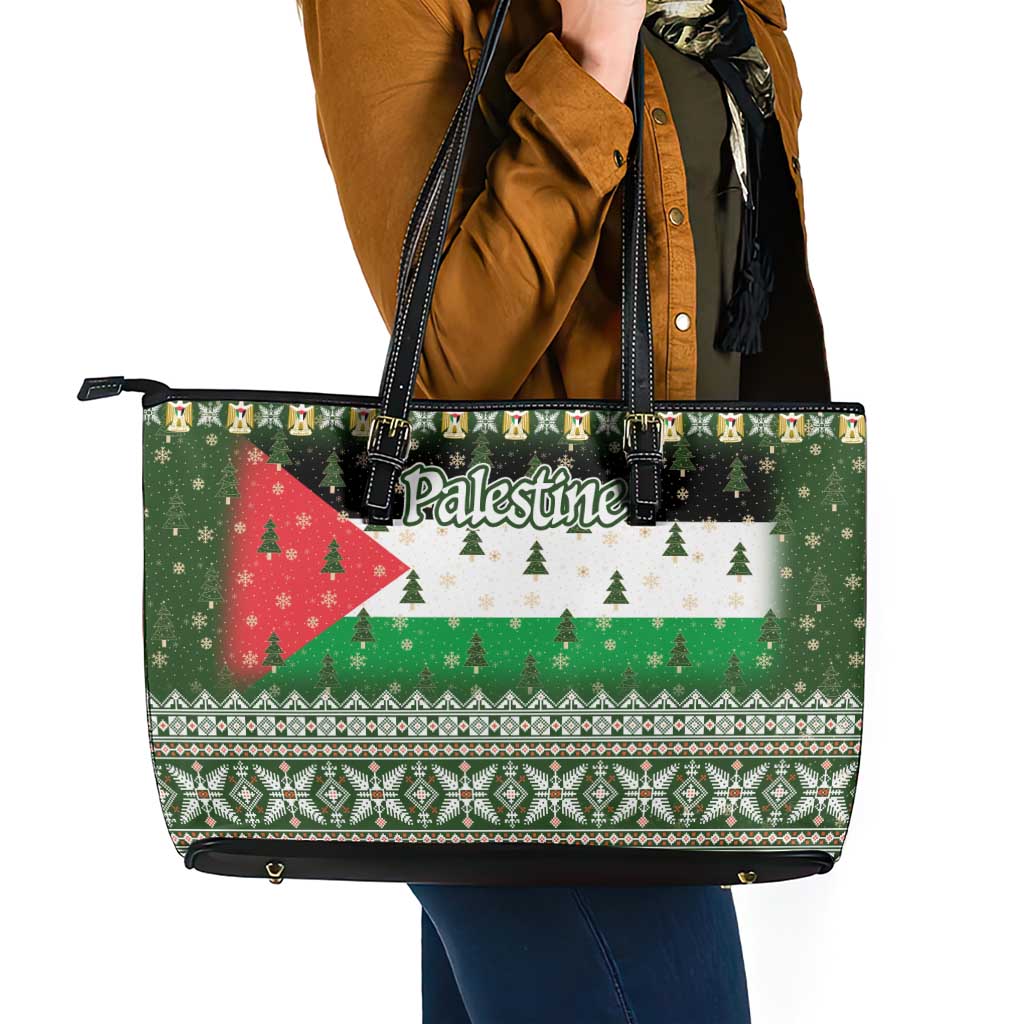 Palestine Christmas Leather Tote Bag with Green-White Theme, Tree Ornaments, and Nativity Scene Motif - Wonder Print Shop