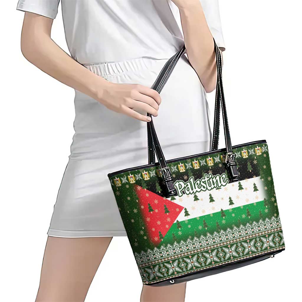 Palestine Christmas Leather Tote Bag with Green-White Theme, Tree Ornaments, and Nativity Scene Motif - Wonder Print Shop