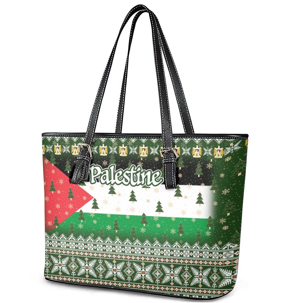 Palestine Christmas Leather Tote Bag with Green-White Theme, Tree Ornaments, and Nativity Scene Motif - Wonder Print Shop