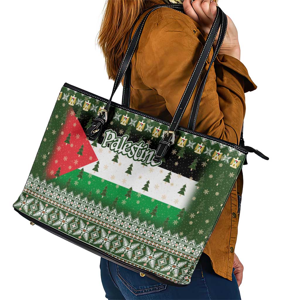 Palestine Christmas Leather Tote Bag with Green-White Theme, Tree Ornaments, and Nativity Scene Motif - Wonder Print Shop