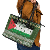 Palestine Christmas Leather Tote Bag with Green-White Theme, Tree Ornaments, and Nativity Scene Motif - Wonder Print Shop