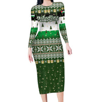 Palestine Christmas Long Sleeve Bodycon Dress with Green-White Theme, Tree Ornaments, and Nativity Scene Motif - Wonder Print Shop