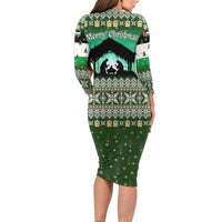 Palestine Christmas Long Sleeve Bodycon Dress with Green-White Theme, Tree Ornaments, and Nativity Scene Motif - Wonder Print Shop