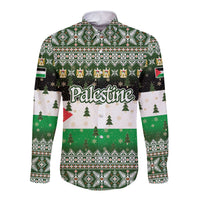 Palestine Christmas Long Sleeve Button Shirt with Green-White Theme, Tree Ornaments, and Nativity Scene Motif - Wonder Print Shop