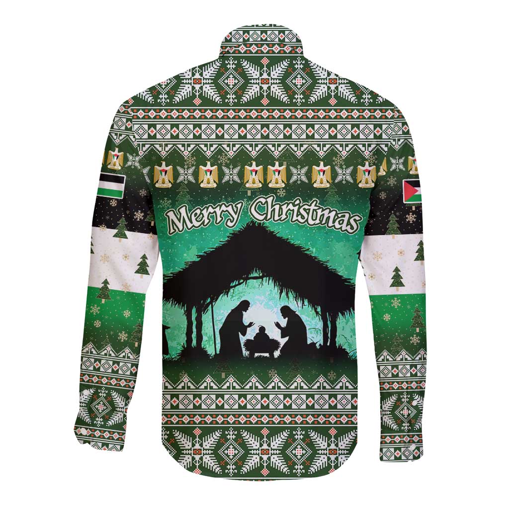 Palestine Christmas Long Sleeve Button Shirt with Green-White Theme, Tree Ornaments, and Nativity Scene Motif - Wonder Print Shop