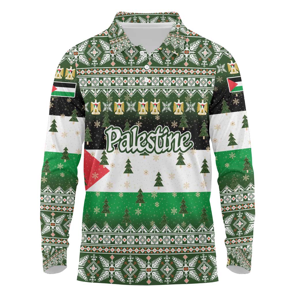 Palestine Christmas Long Sleeve Polo Shirt with Green-White Theme, Tree Ornaments, and Nativity Scene Motif - Wonder Print Shop