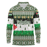 Palestine Christmas Long Sleeve Polo Shirt with Green-White Theme, Tree Ornaments, and Nativity Scene Motif - Wonder Print Shop