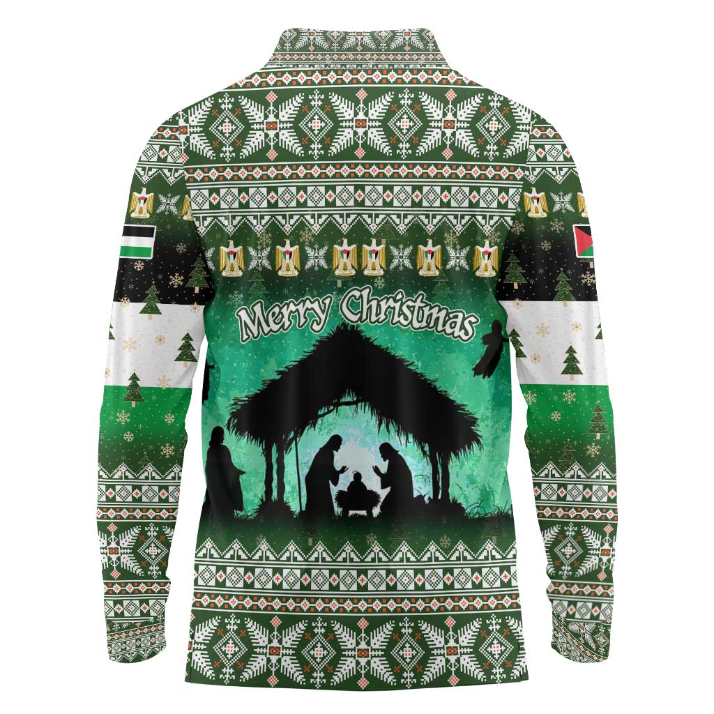 Palestine Christmas Long Sleeve Polo Shirt with Green-White Theme, Tree Ornaments, and Nativity Scene Motif - Wonder Print Shop