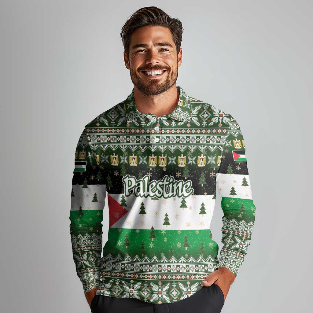 Palestine Christmas Long Sleeve Polo Shirt with Green-White Theme, Tree Ornaments, and Nativity Scene Motif - Wonder Print Shop