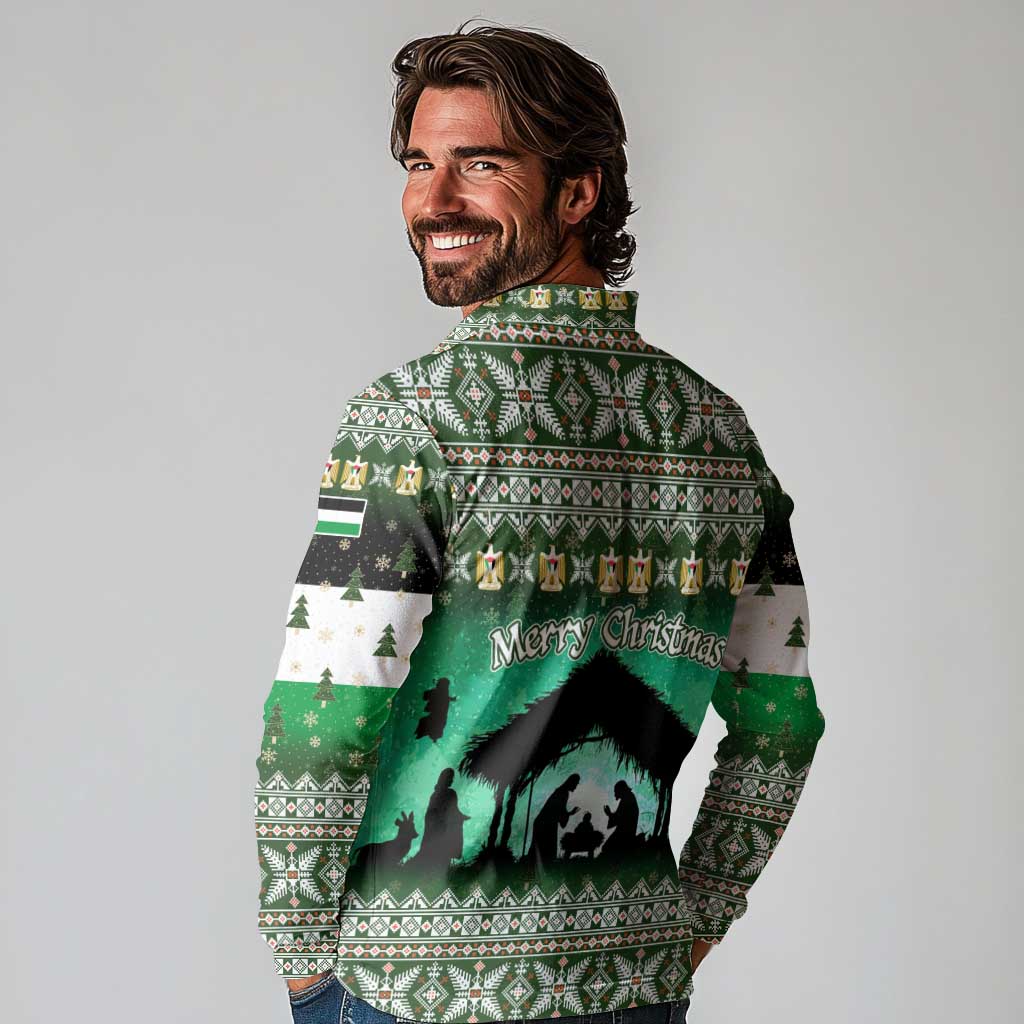 Palestine Christmas Long Sleeve Polo Shirt with Green-White Theme, Tree Ornaments, and Nativity Scene Motif - Wonder Print Shop