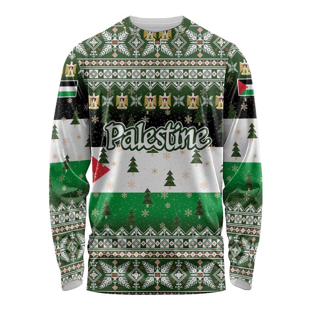 Palestine Christmas Long Sleeve Shirt with Green-White Theme, Tree Ornaments, and Nativity Scene Motif - Wonder Print Shop