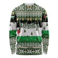 Palestine Christmas Long Sleeve Shirt with Green-White Theme, Tree Ornaments, and Nativity Scene Motif - Wonder Print Shop