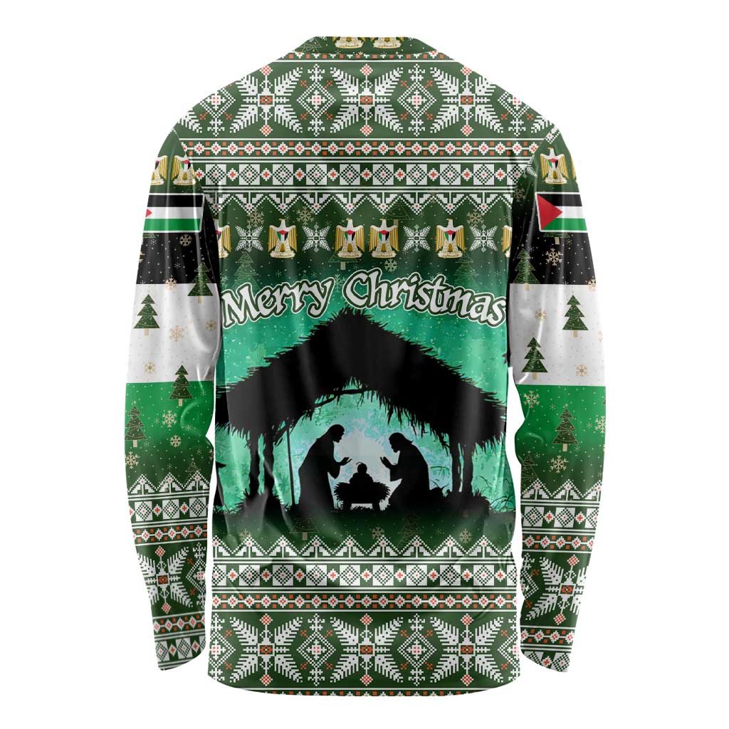 Palestine Christmas Long Sleeve Shirt with Green-White Theme, Tree Ornaments, and Nativity Scene Motif - Wonder Print Shop