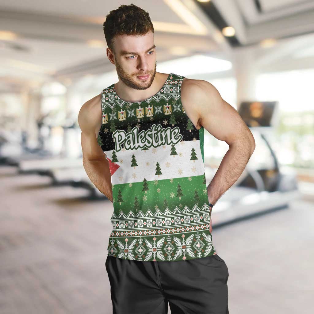 Palestine Christmas Men Tank Top with Green-White Theme, Tree Ornaments, and Nativity Scene Motif - Wonder Print Shop