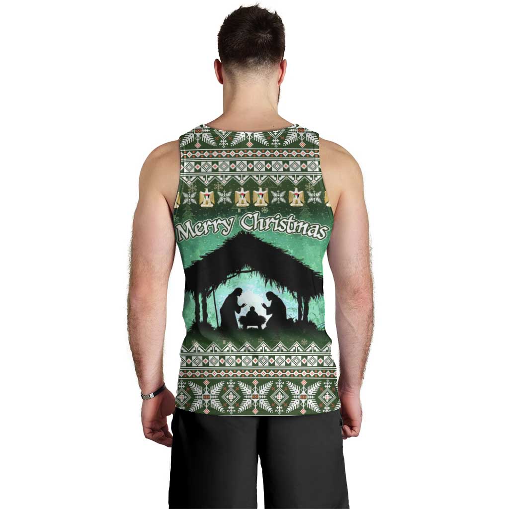 Palestine Christmas Men Tank Top with Green-White Theme, Tree Ornaments, and Nativity Scene Motif - Wonder Print Shop