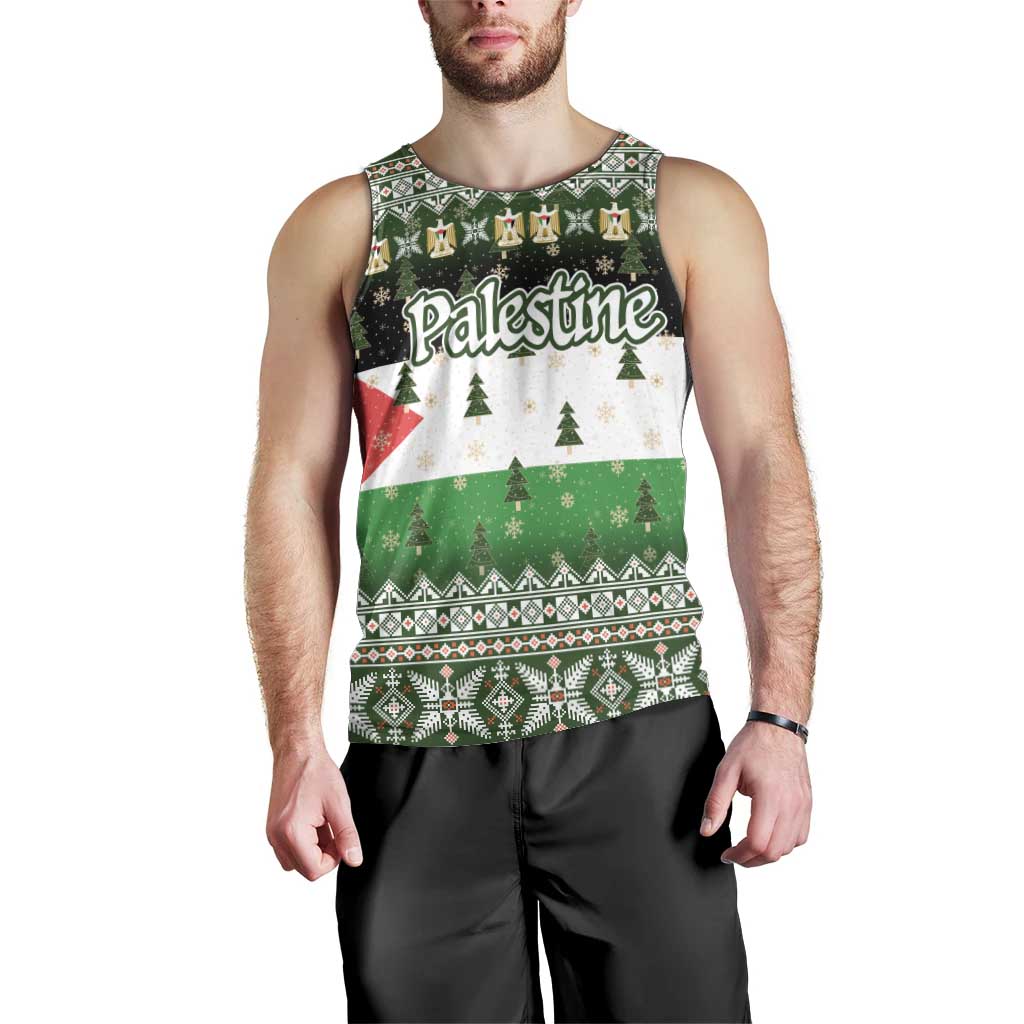 Palestine Christmas Men Tank Top with Green-White Theme, Tree Ornaments, and Nativity Scene Motif - Wonder Print Shop