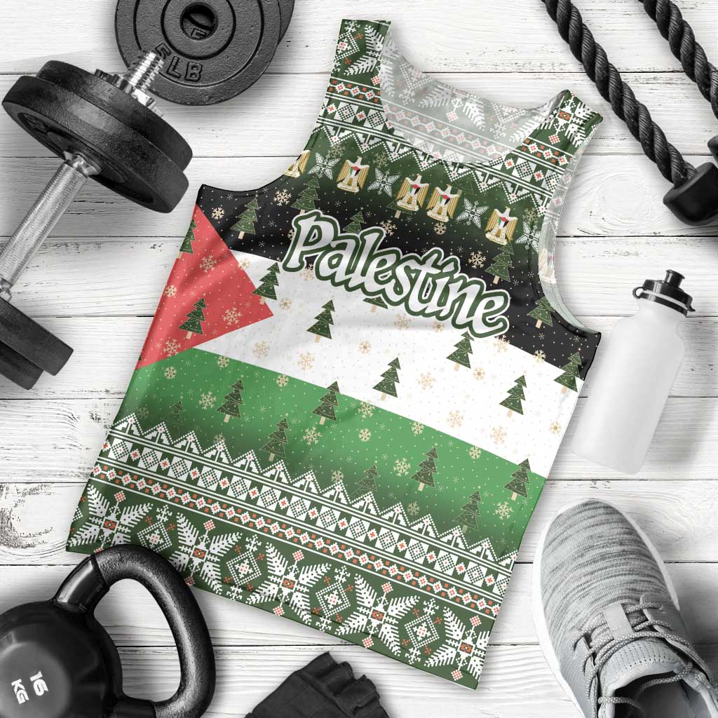 Palestine Christmas Men Tank Top with Green-White Theme, Tree Ornaments, and Nativity Scene Motif - Wonder Print Shop
