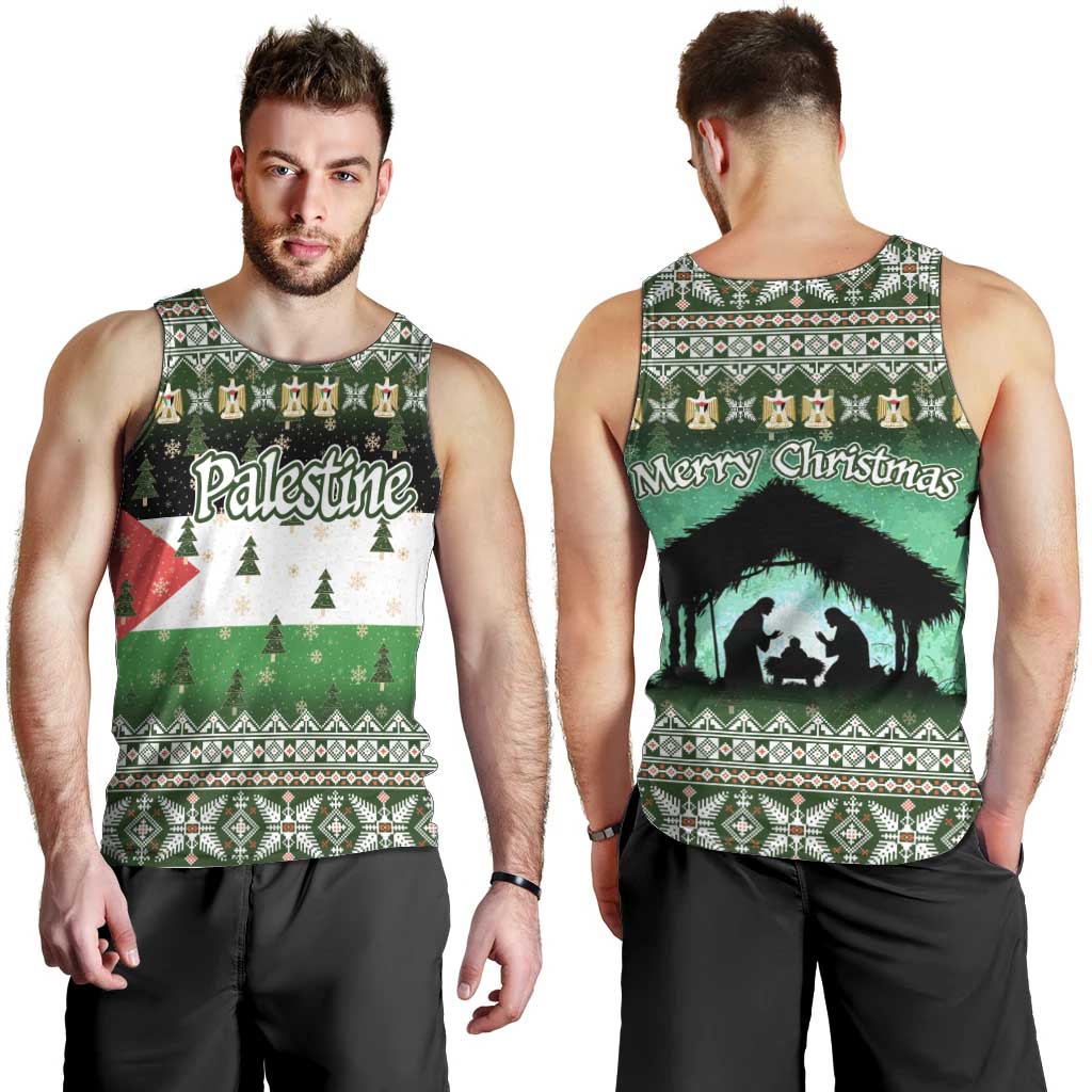 Palestine Christmas Men Tank Top with Green-White Theme, Tree Ornaments, and Nativity Scene Motif - Wonder Print Shop