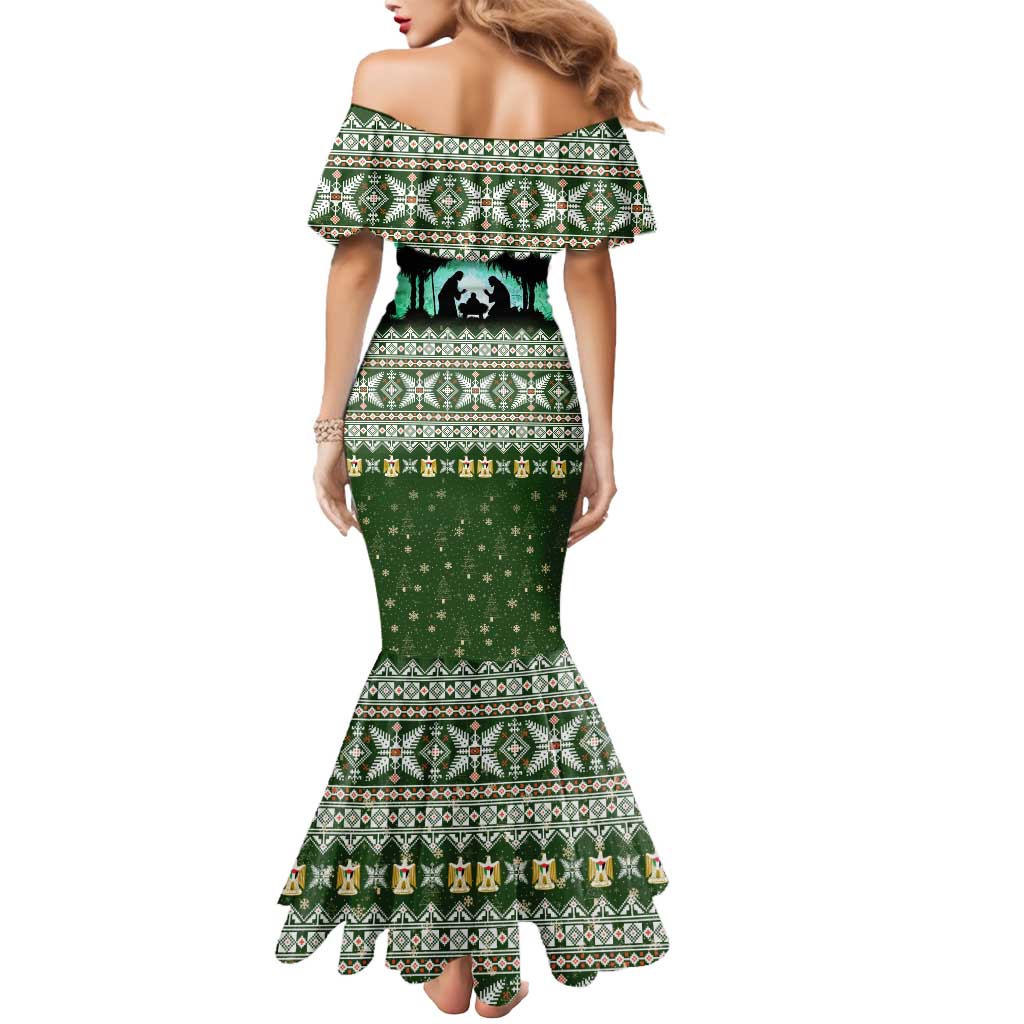 Palestine Christmas Mermaid Dress with Green-White Theme, Tree Ornaments, and Nativity Scene Motif - Wonder Print Shop