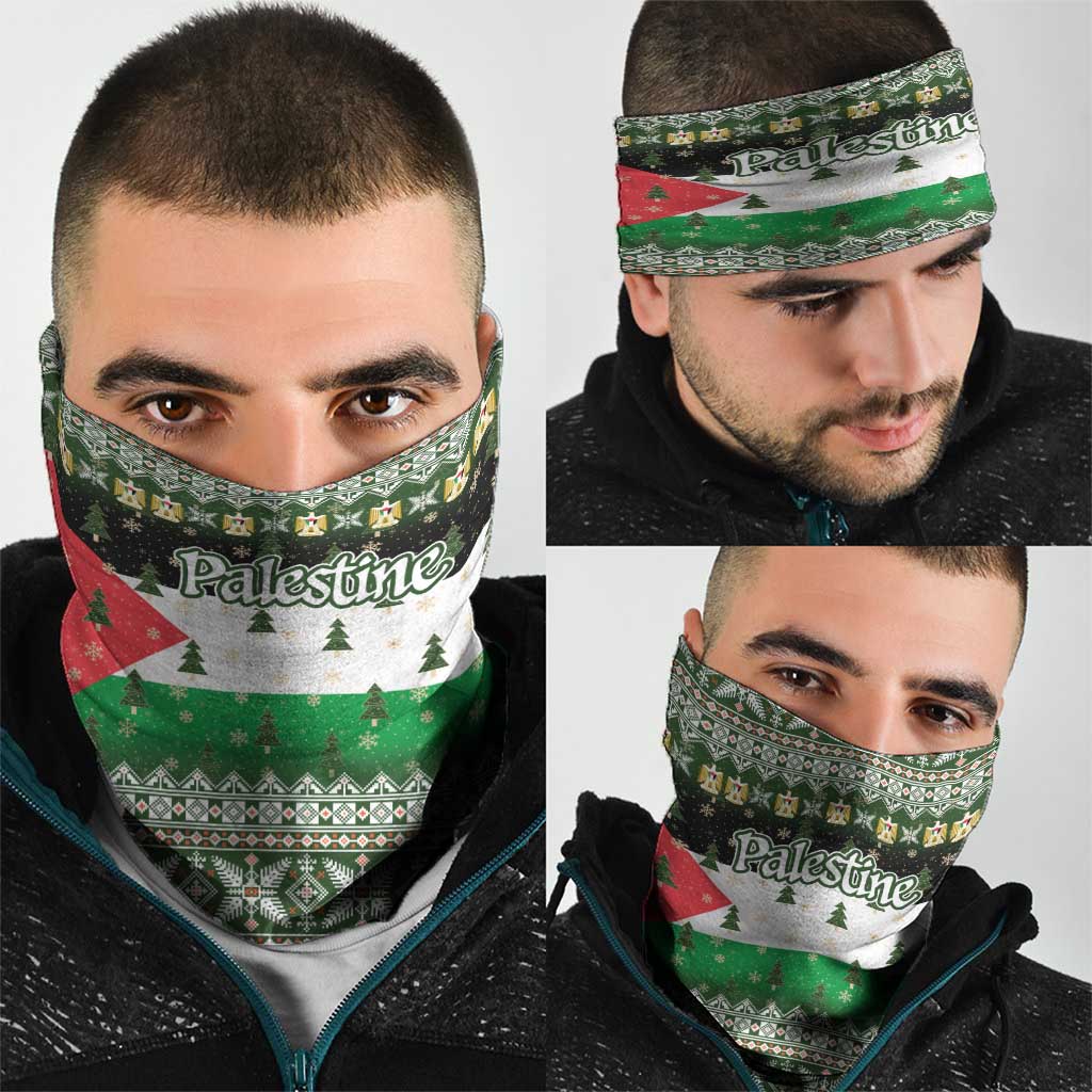 Palestine Christmas Neck Gaiter with Green-White Theme, Tree Ornaments, and Nativity Scene Motif - Wonder Print Shop