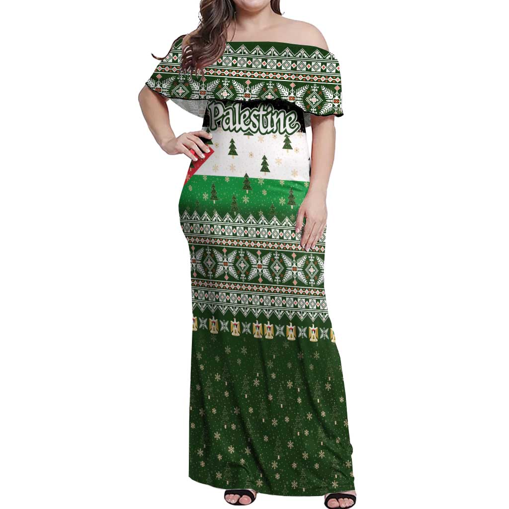 Palestine Christmas Off Shoulder Maxi Dress with Green-White Theme, Tree Ornaments, and Nativity Scene Motif - Wonder Print Shop