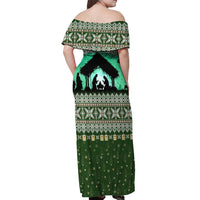 Palestine Christmas Off Shoulder Maxi Dress with Green-White Theme, Tree Ornaments, and Nativity Scene Motif - Wonder Print Shop