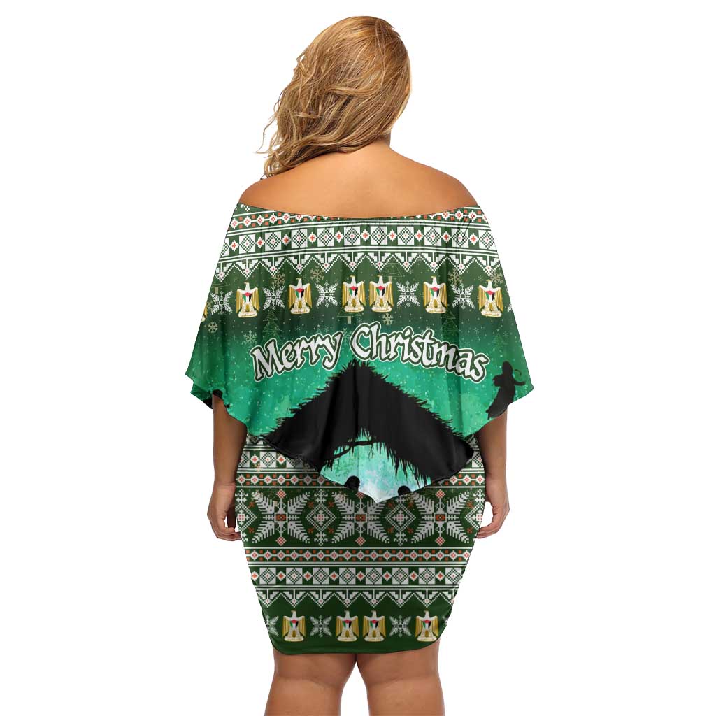 Palestine Christmas Off Shoulder Short Dress with Green-White Theme, Tree Ornaments, and Nativity Scene Motif - Wonder Print Shop