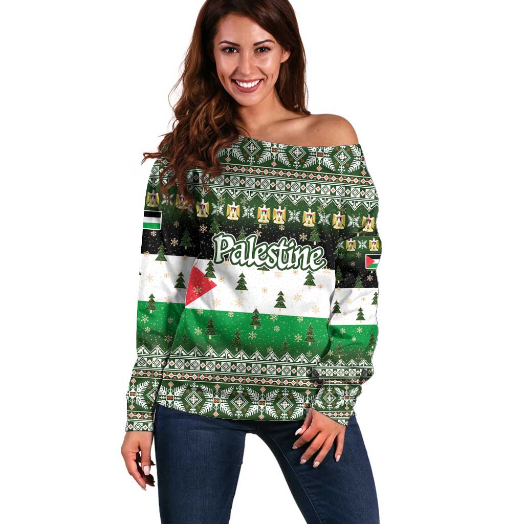 Palestine Christmas Off Shoulder Sweater with Green-White Theme, Tree Ornaments, and Nativity Scene Motif - Wonder Print Shop