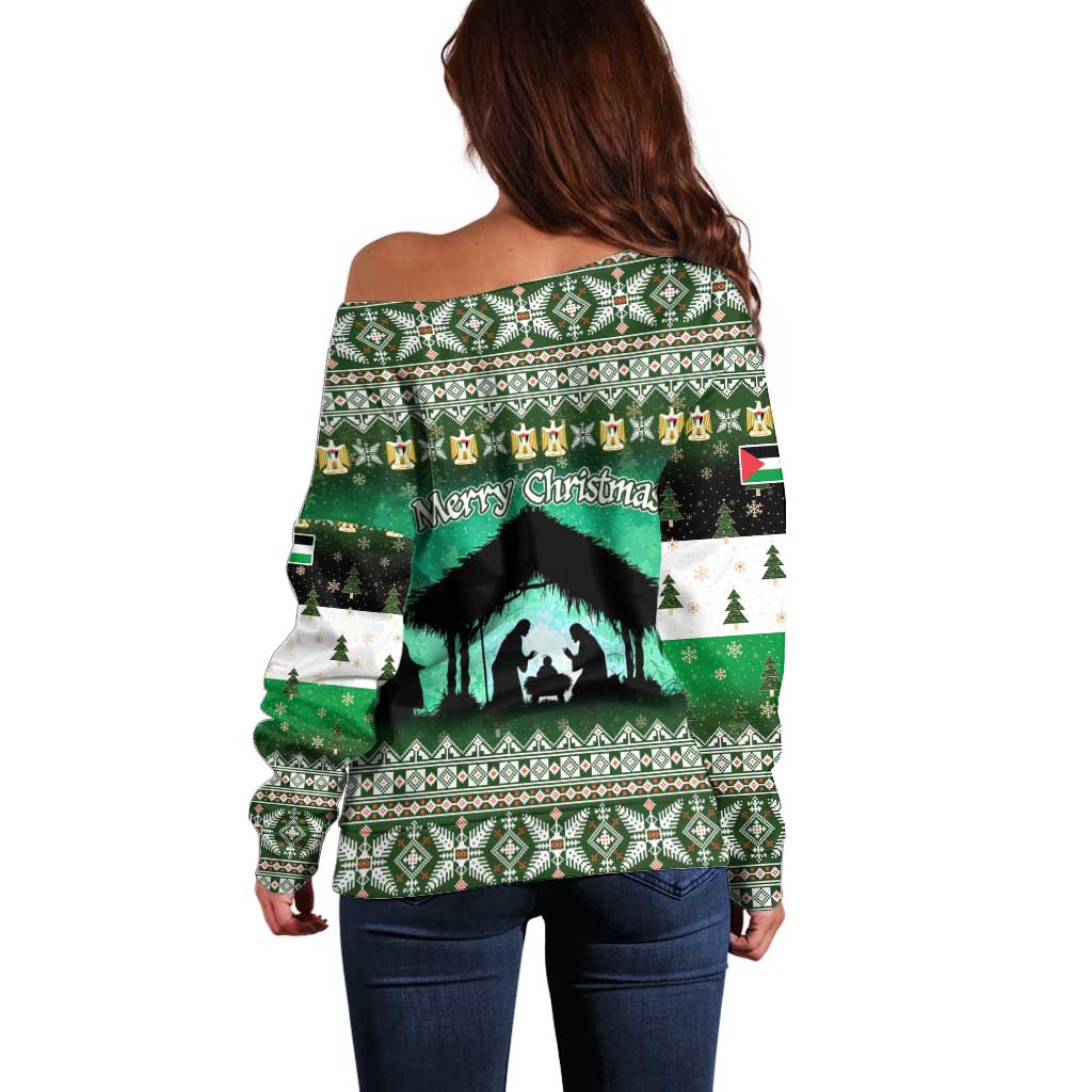 Palestine Christmas Off Shoulder Sweater with Green-White Theme, Tree Ornaments, and Nativity Scene Motif - Wonder Print Shop