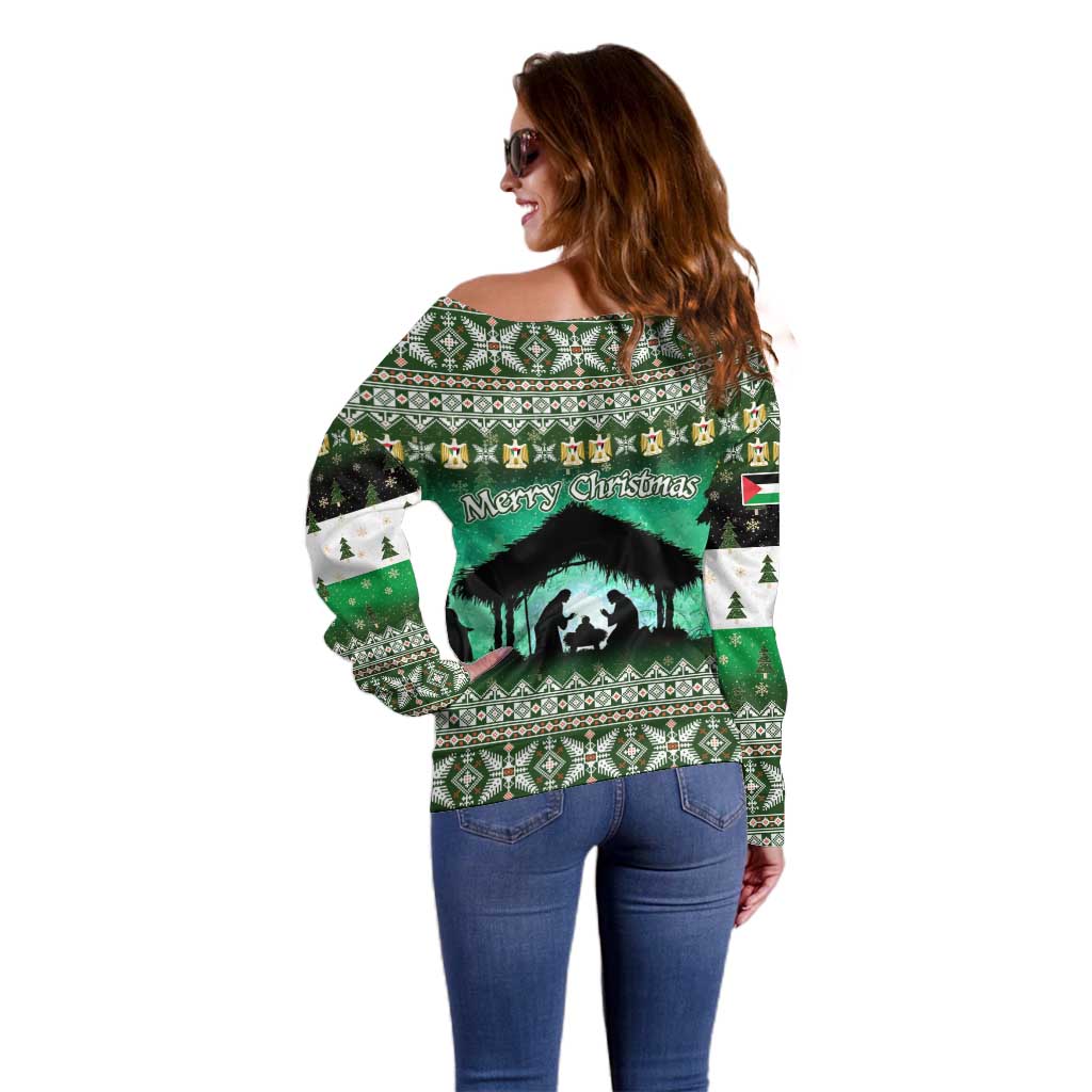 Palestine Christmas Off Shoulder Sweater with Green-White Theme, Tree Ornaments, and Nativity Scene Motif - Wonder Print Shop