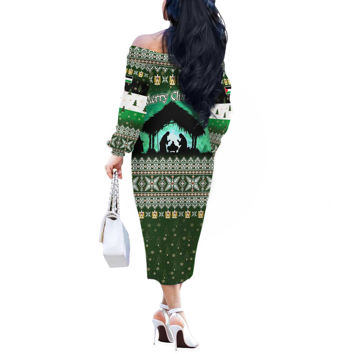 Palestine Christmas Off The Shoulder Long Sleeve Dress with Green-White Theme, Tree Ornaments, and Nativity Scene Motif - Wonder Print Shop