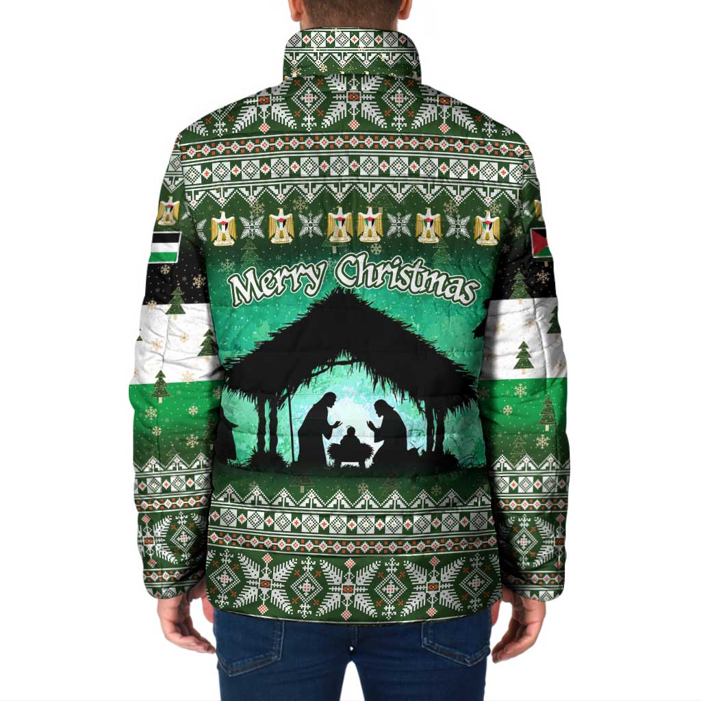 Palestine Christmas Padded Jacket with Green-White Theme, Tree Ornaments, and Nativity Scene Motif - Wonder Print Shop