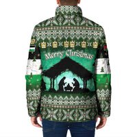 Palestine Christmas Padded Jacket with Green-White Theme, Tree Ornaments, and Nativity Scene Motif - Wonder Print Shop