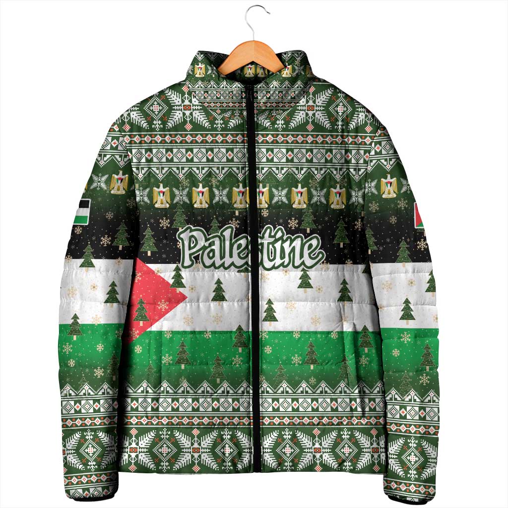 Palestine Christmas Padded Jacket with Green-White Theme, Tree Ornaments, and Nativity Scene Motif - Wonder Print Shop