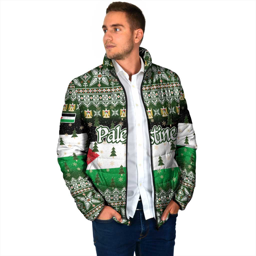 Palestine Christmas Padded Jacket with Green-White Theme, Tree Ornaments, and Nativity Scene Motif - Wonder Print Shop