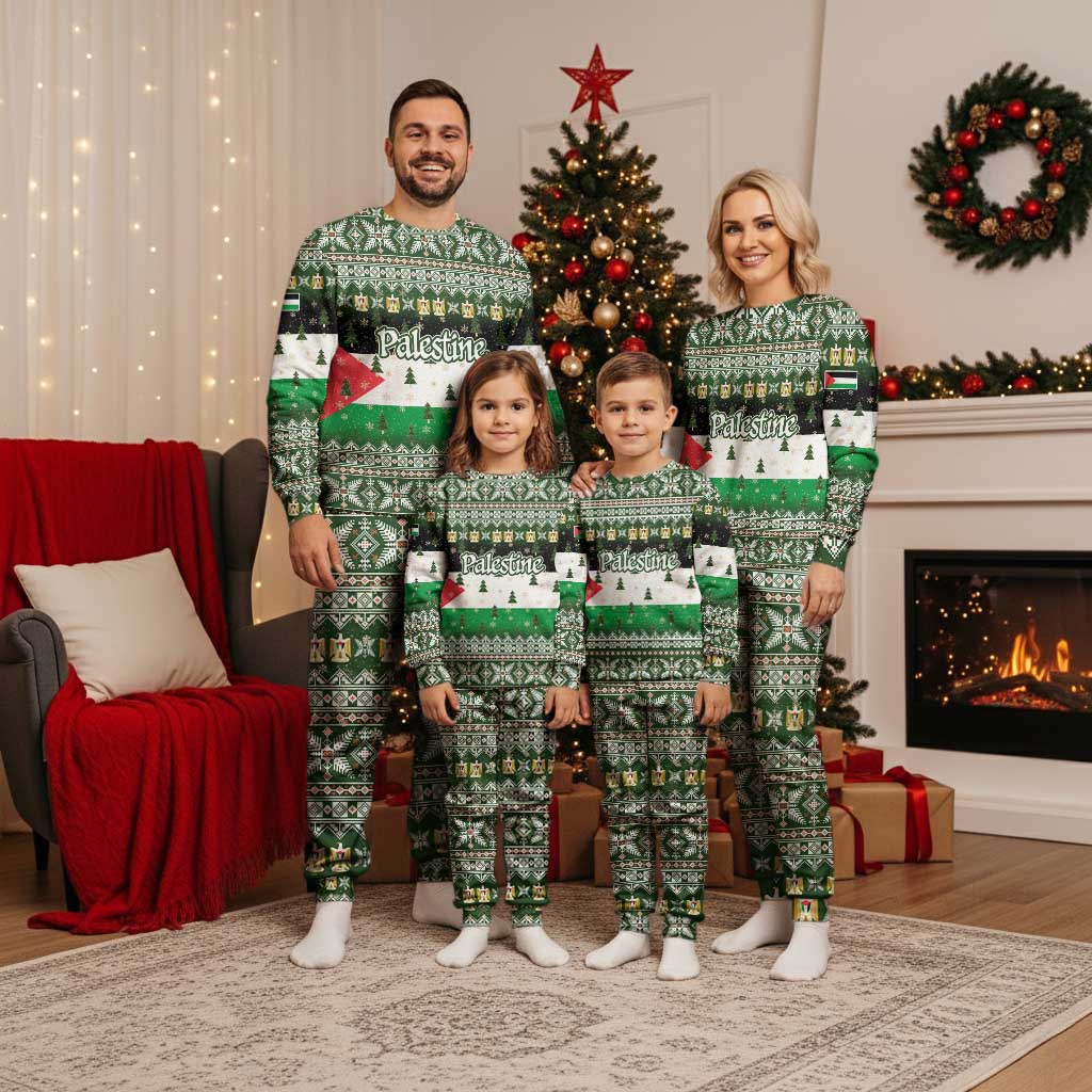 Palestine Christmas Pajama Set with Green-White Theme, Tree Ornaments, and Nativity Scene Motif - Wonder Print Shop