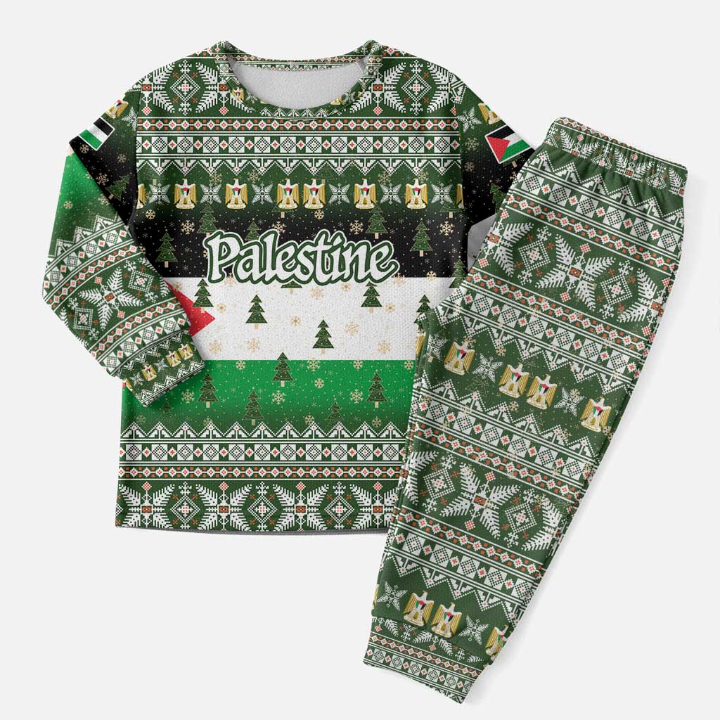 Palestine Christmas Pajama Set with Green-White Theme, Tree Ornaments, and Nativity Scene Motif - Wonder Print Shop