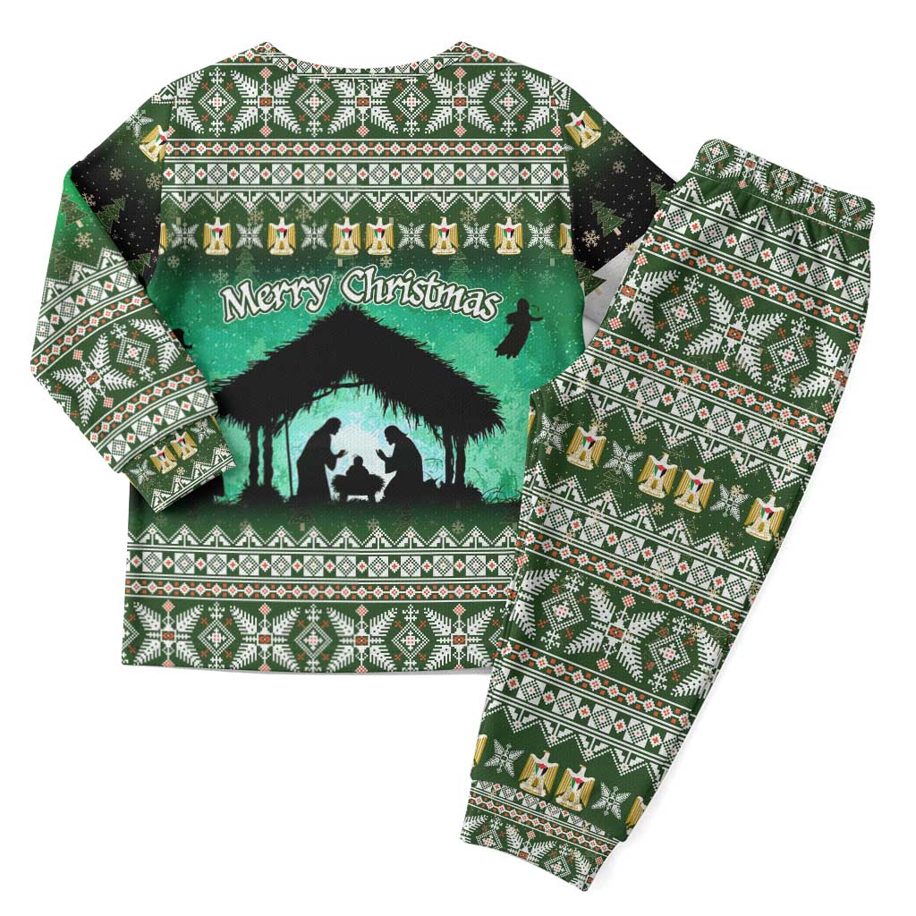 Palestine Christmas Pajama Set with Green-White Theme, Tree Ornaments, and Nativity Scene Motif - Wonder Print Shop
